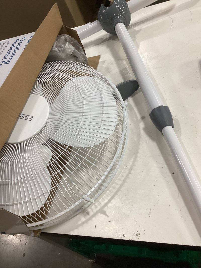 Condition photo showing As Is for utilitech 16-in 120-volt 3-speed indoor white oscillating pedestal fan