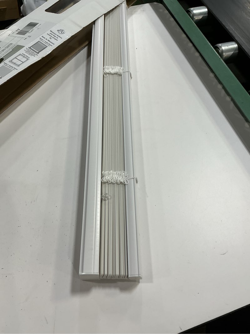 Condition photo showing As Is for mainstays 1  cordless vinyl light filtering mini blinds  1-piece  white  33  w x 64  l