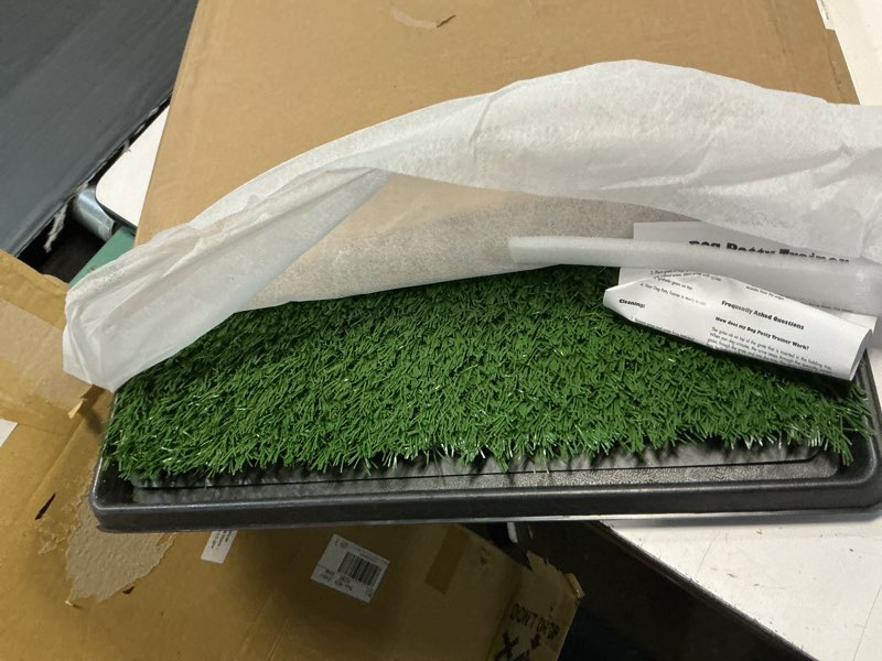 Condition photo showing As Is for petmaker artificial grass puppy pee pad for dogs and small pets with tray - 20x30 inches washable 3-layer reusable indoor dog potty grass training pad, easy clean pet housebreaking potty solution large 3-layer system