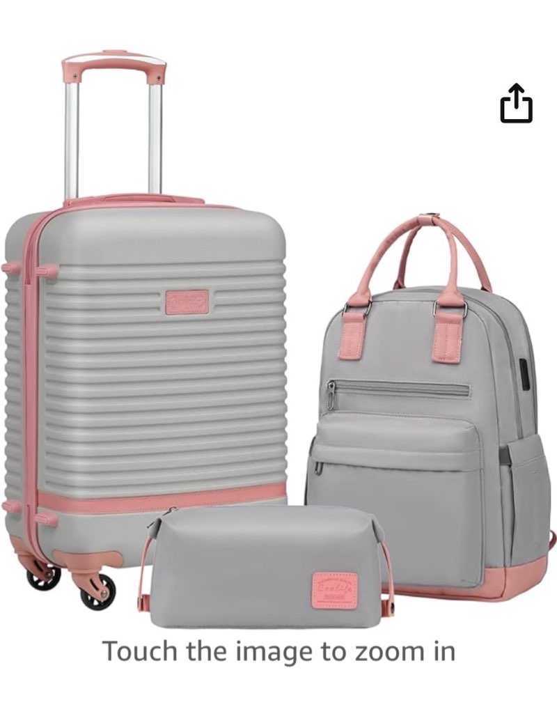 (incomplete)coolife suitcase set 3 piece luggage set carry on travel luggage tsa lock spinner wheels hardshell lightweight luggage set(gray+pink