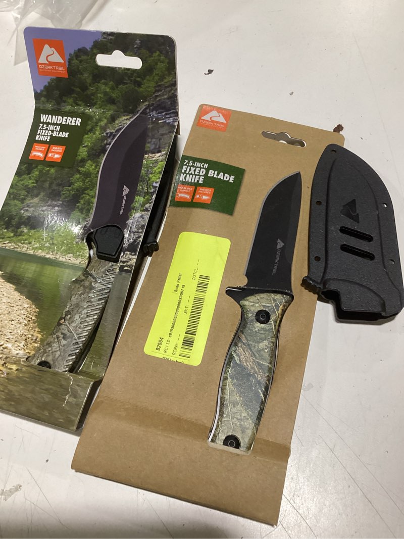 Condition photo showing New/Like New for (bidding on 2!) new ozark trail 7.5\" knife with sheath mossy oak handle fixed blade!!