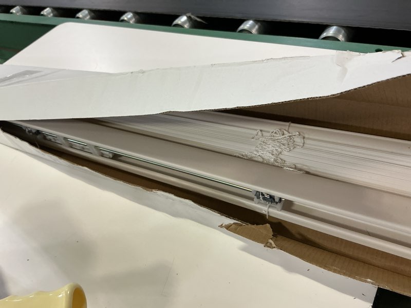 Condition photo showing As Is for mainstays 1  cordless vinyl light filtering blinds  1-piece  white  39  w x 64  l