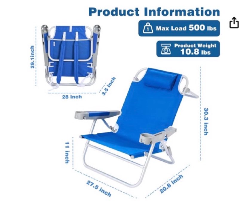 sunnyfeel extra wide 28\" low beach chair 5 position lay flat, xl oversized portable folding camping chairs with cup holder for outdoor/trip, lightweight foldable backpack beach chair for adults lightblue