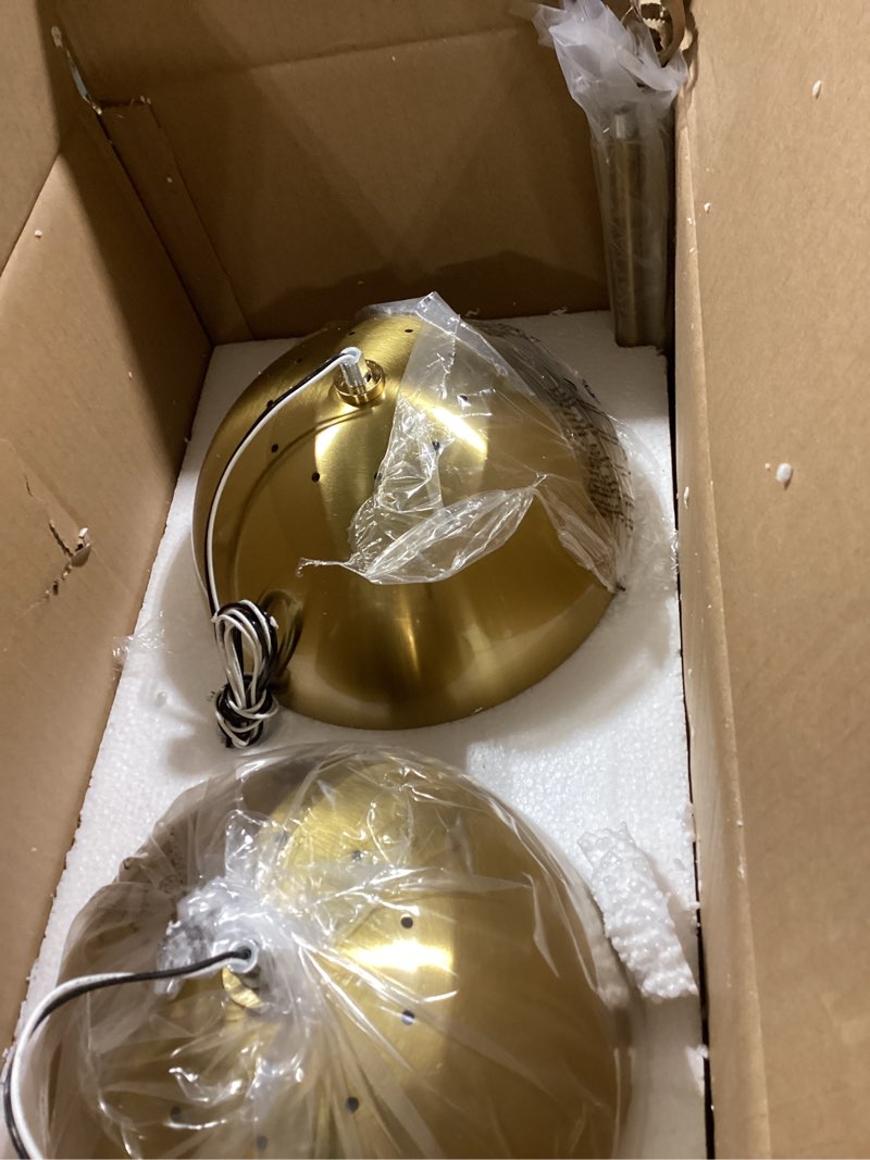 Condition photo showing Good Condition for LMS 2-Pack Brushed Gold Pendant Lights, Modern Pendant Light with Milky Globe Glass Shade, Adjustable Hanging Lighting Rod for Kitchen Island Dining Room Bedroom, LMS-186BG2PK Gold 8" White Glass, 2 pack