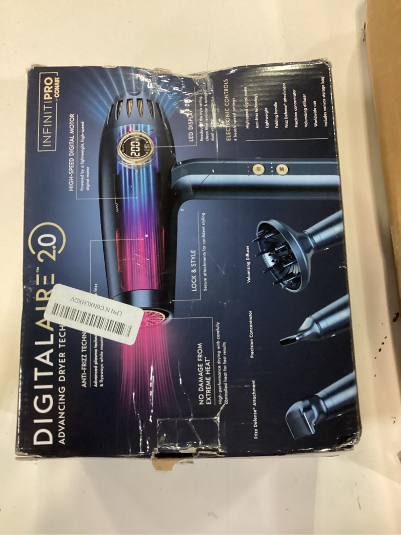 Condition photo showing New/Like New for infiniti pro by conair digitalaire 2.0 hair dryer, 1875w frizz-reducing ionic hair blow dryer with diffuser, up to 5x more speed and 90,000 rpms for advanced drying power, blue