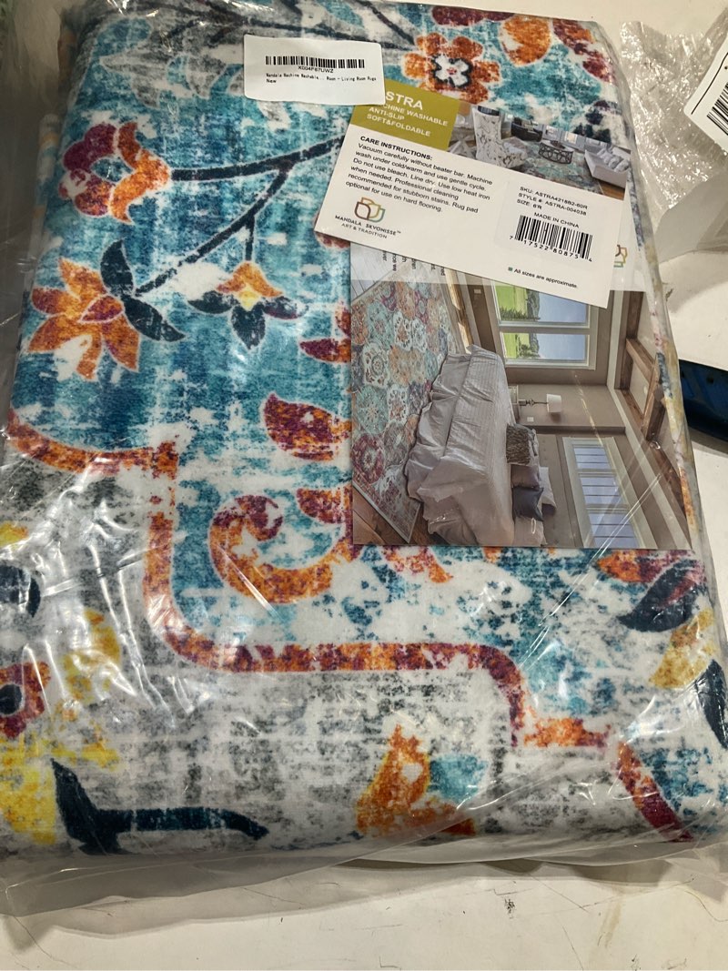 Condition photo showing Good Condition for mandala - indoor area rugs 6r washable, stain resistant machine washable rugs for living room, bedroom, and modern house décor - durable polyester material, colorful patterned - blue & multi color