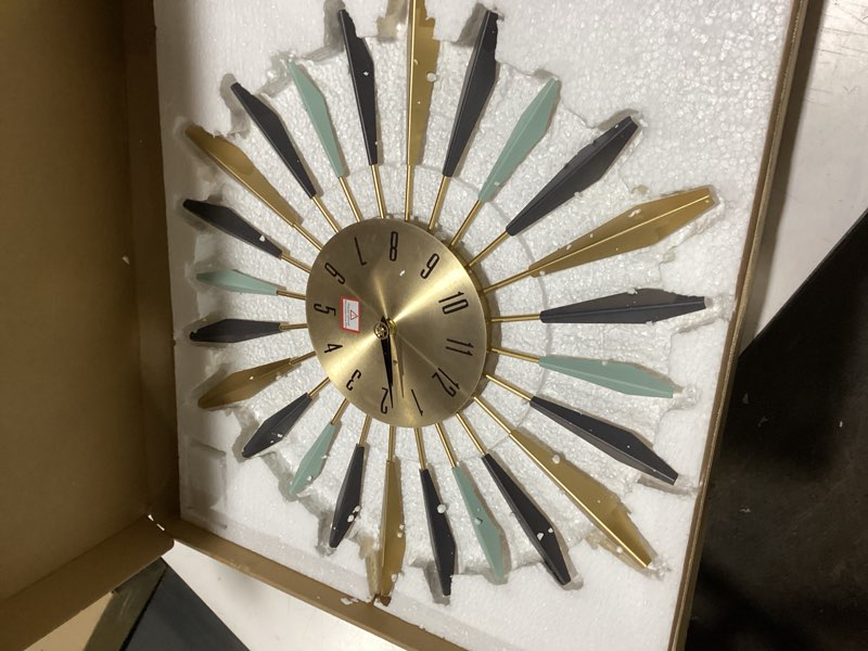 Condition photo showing Good Condition for YISITEONE Large Wall Clock Metal Decorative, Mid Century Silent Non-Ticking Big Clocks, Modern Home Decorations for Living Room,Bedroom,Dining Room, Office, 22 inch Medium 1.modern