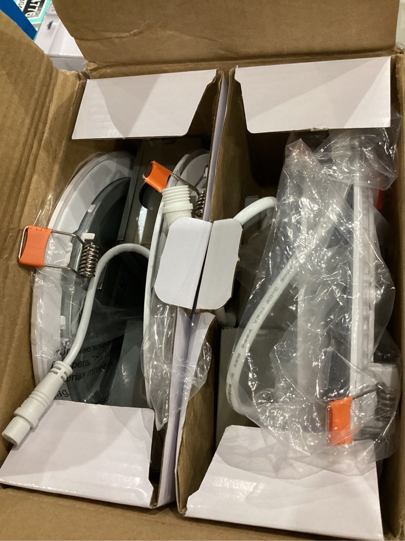 Condition photo showing Good Condition for amico 4 pack 6 inch 5cct ultra-thin led recessed ceiling light with junction box, 2700k/3000k/3500k/4000k/5000k selectable, 1050 lumens, dimmable canless wafer downlight, 12w eqv 110w-etl&fcc 6 inch-5cct 4