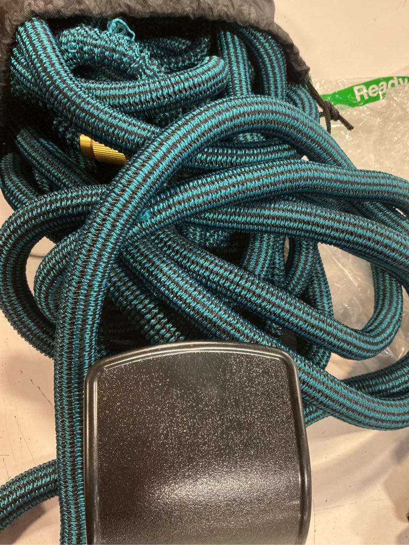 Condition photo showing As Is for (unknown size) unkgarden hose, expandable water hoses, flexible and lightweight hose with  solid brass fittings and 9-function nozzle sprinkler, black and blue