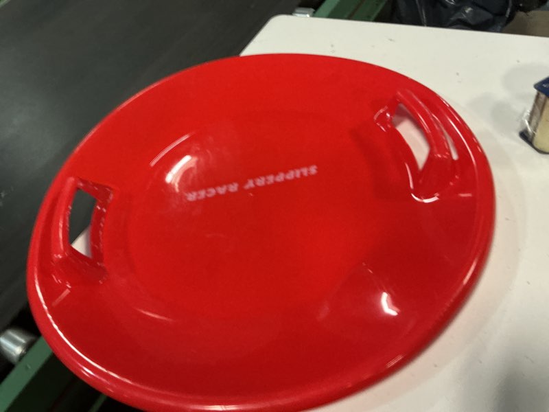 Condition photo showing Good Condition for slippery racer heavy-duty cold resistant downhill pro plastic outdoor winter saucer disc snow sled with handles. 1 pack red
