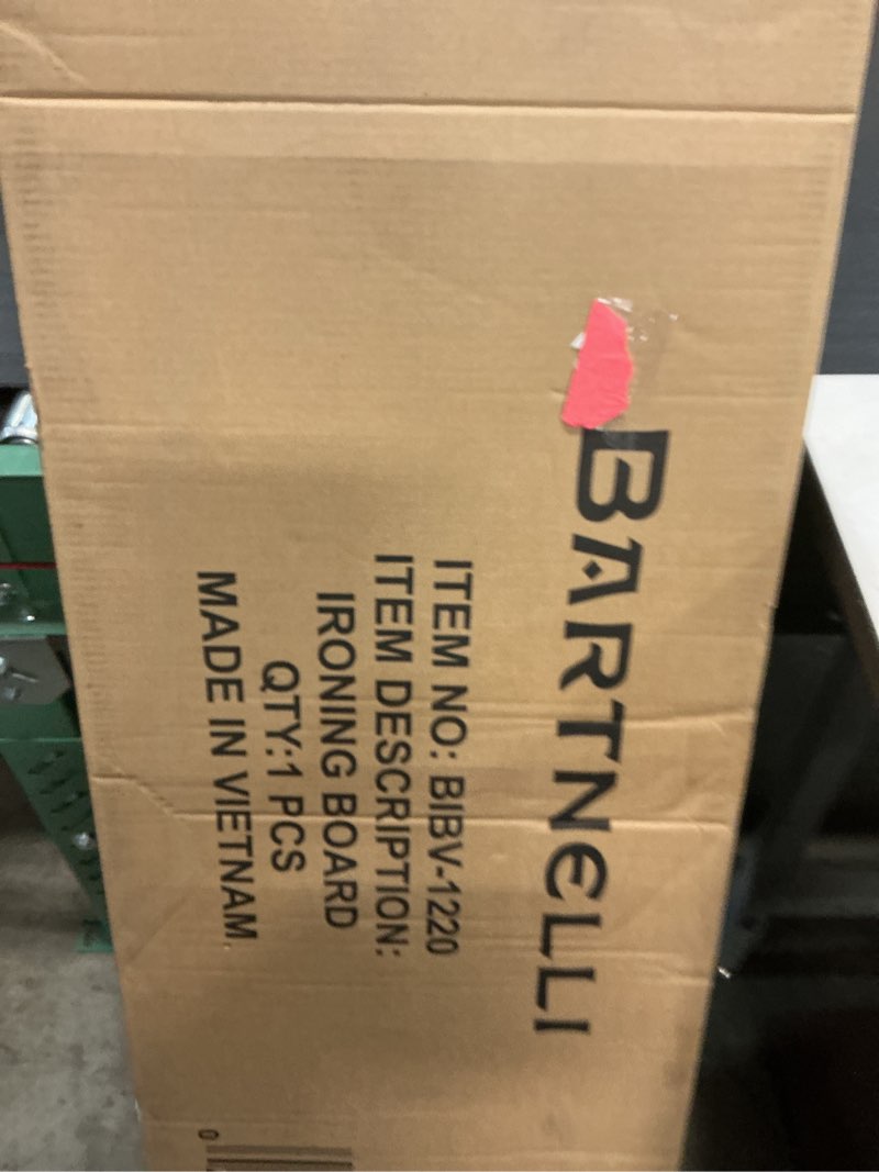 Condition photo showing New/Like New for bartnelli extra wide pro ironing board 19x48 ironing surface with iron rest, cord holder, shelf and 4 layer heat resistant cover and pad