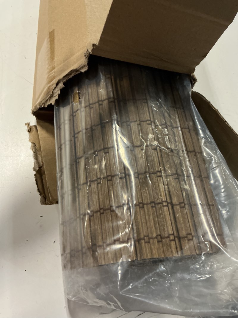 Condition photo showing Good Condition for lazblinds cordless bamboo roman shades, privacy blinds for interior windows, room darkening roll up bamboo blinds for home & patio, 24.5" w x 64" h, highfield teak pricacy - highfield teak 24 1/2" w x 64" h