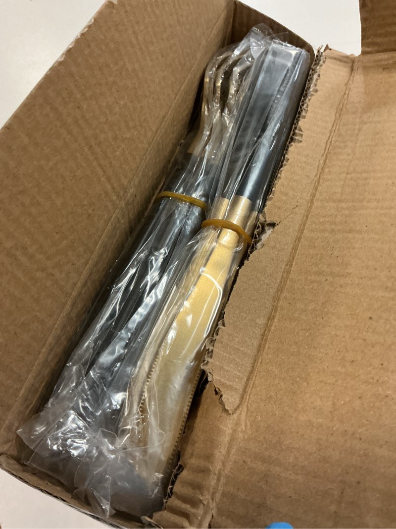 Condition photo showing Good Condition for matte gold silverware set with black handle, vanys 30 piece stainless steel cutlery flatware set, kitchen utensil sets for 6, tableware with knife spoons and forks set, satin finished polished round handle black&gold-30p