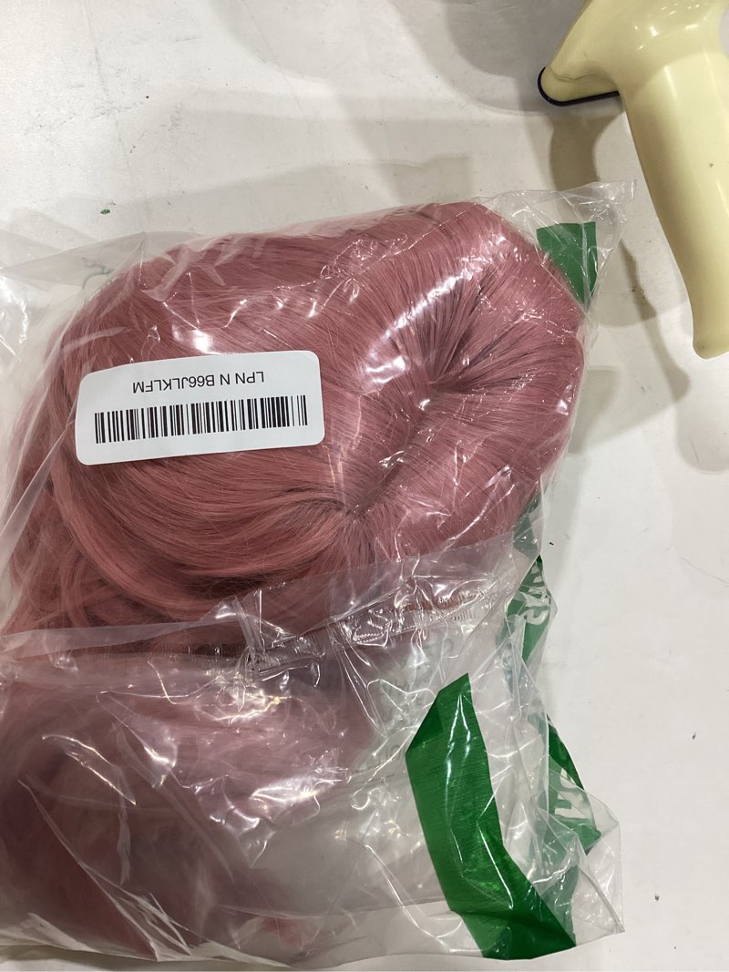 Condition photo showing Good Condition for Pastel Bob Wigs with Bangs for Women Loose Wavy Wig Pastel Wavy Shoulder Length Bob Synthetic Cosplay Wig for Girl Colorful Costume Wigs (Pink)