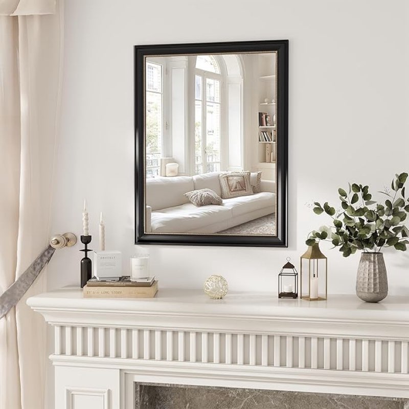 Axeman 28x36 Rectangular Wall Mirror, Decorative Bathroom Mirror, Traditional Vintage Wall Mounted Mirror with Beaded Frame for Accent Living Room Vanity Bedroom Entryway, Black