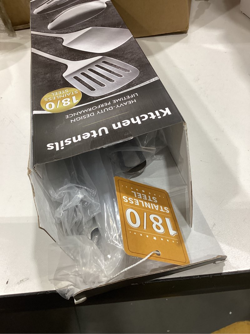 4 pcs cooking utensils set, stainless steel kitchen utensils, heat resistant metal kitchen tools include solid & slotted turner wok spatula, serving spoon, ergonomic handle, easy to clean, silver