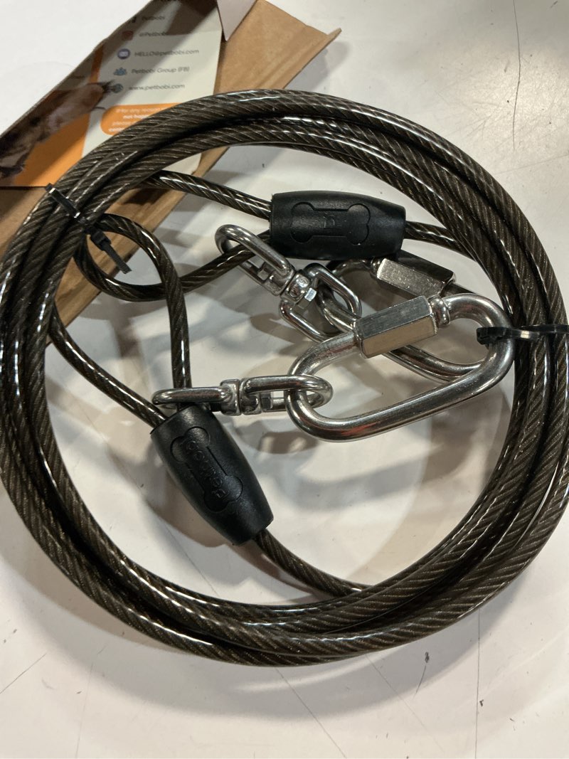 Condition photo showing Good Condition for petbobi heavy-duty dog tie-out cable - 10ft extra strong wire cable for large pets up to 300lbs, rust proof dogs leash with carabiners and 360° swivel, pet leads for yard camping outside, black 10ft black