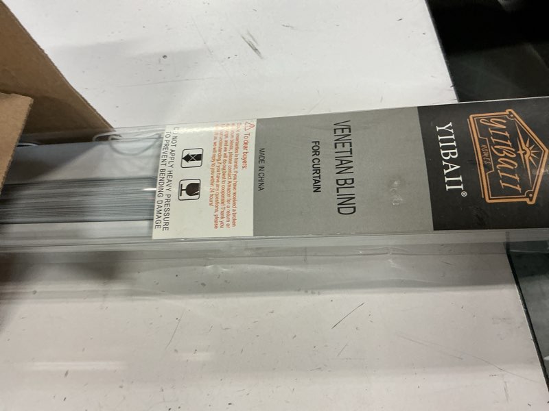 Condition photo showing As Is for yiibaii mini blinds suitable for 28" w x 64" h windows 1" aluminum horizontal venetian blinds darkening with rope and pole can mounted inside or outside white 28"w x 64"h
