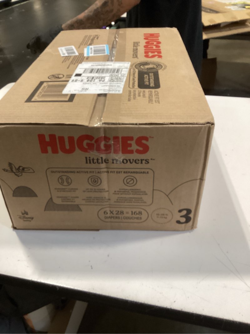 Condition photo showing New/Like New for huggies size 3 diapers, little movers baby diapers, size 3 (16-28 lbs), 168 count (6 packs of 28), packaging may vary