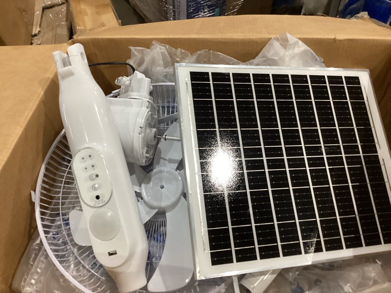 Condition photo showing As Is for 16-inch solar oscillating standing fan,15000mah rechargeable mobile fan,remote control floor fan, height-adjustable suitable for bedroom, study or outdoor