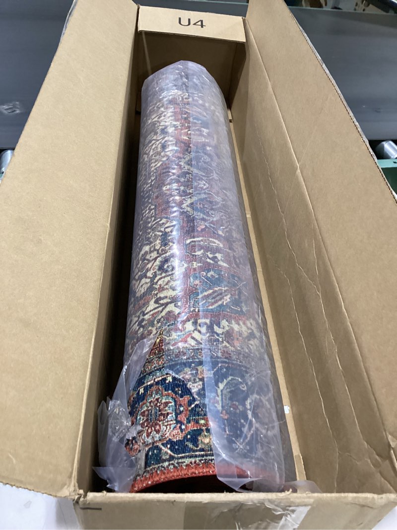Condition photo showing New/Like New for loloi layla collection lay-08 red/navy 2'-6" x 12'-0" .13" thick runner rug, soft, durable, vintage inspired, distressed, low pile, non-shedding, easy clean, printed, living room rug 2'6" x 12' (rectangular) red / navy