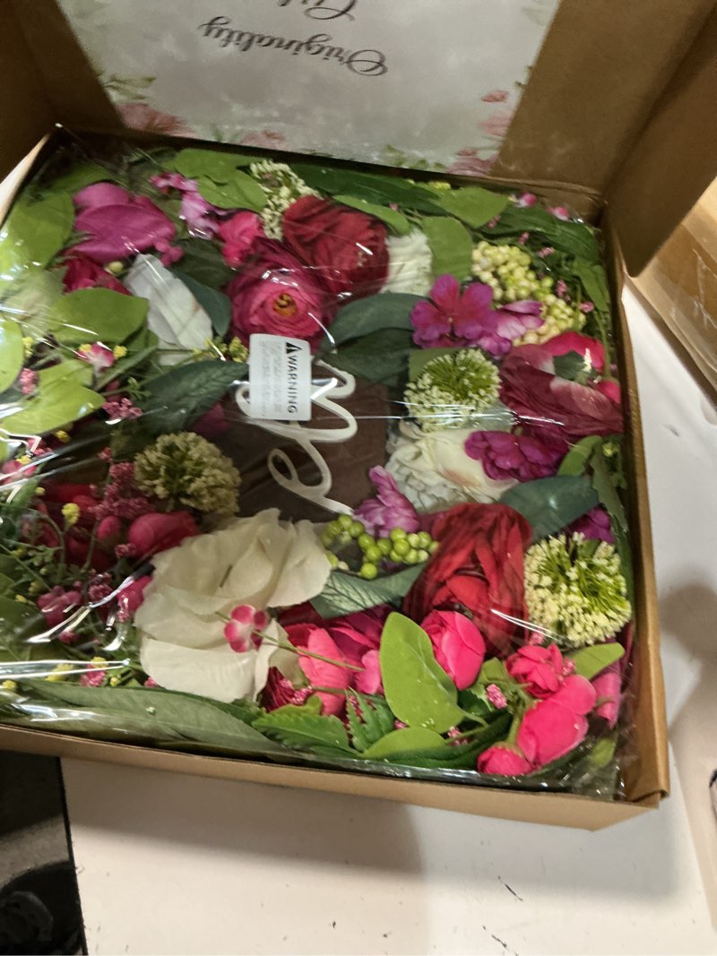 Condition photo showing Good Condition for spring wreaths for front door outside– 24 inch spring summer wreath with vibrant pink peony,tulip & white rose flowers and hello wooden sign,ideal for farnhouse porch,wall,window décor green-spring wreath
