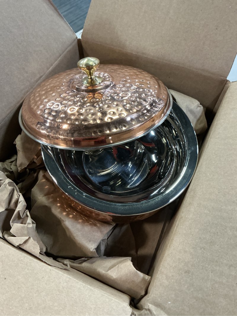 Condition photo showing As Is for Bona fide copper serving bowl,Copper Serve ware 8 Inch diameter 800 ml copper bowl with lid,serving 