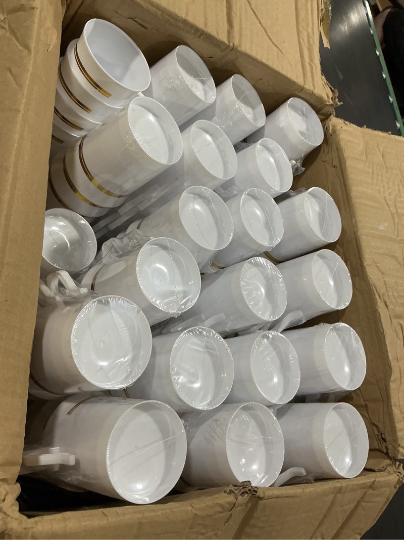 Condition photo showing Good Condition for bokon 200 pcs plastic tea cups bulk with handle and spoon, 8 oz reusable teacups with gold rim, white coffee mugs for bridal shower, wedding, princess tea party supplies (gold rim) 200 white