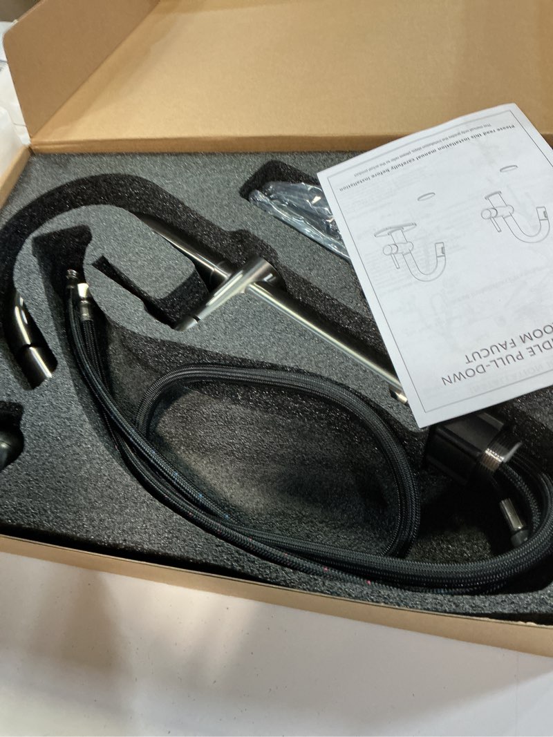 Condition photo showing Good Condition for kenes tall bathroom faucets with pull down sprayer, brushed nickel vessel sink faucet with pull out sprayer, single handle vanity faucet 1 hole with pop up drain & supply lines, lj-9065a tall brushed nickel