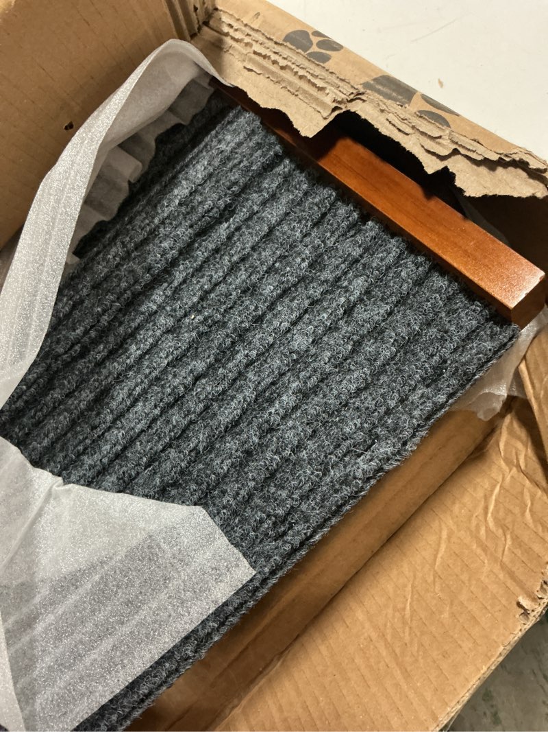 Condition photo showing New/Like New for adjustable dog ramp for bed - 39" long foldable wooden ramp for dogs to get on bed, couch, or car with 13.4" wide walking space (walnut wood with gray carpet, medium) walnut wood 39” long x 13.4” wide
