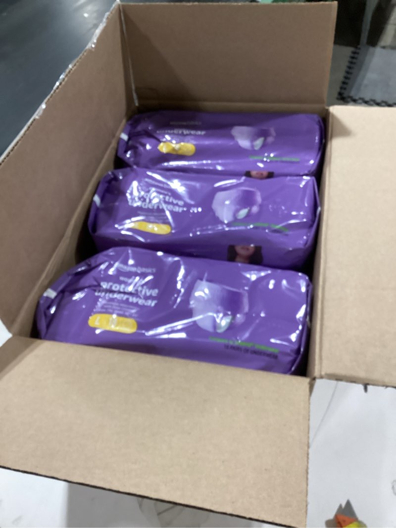 Condition photo showing New/Like New for Amazon Basics Incontinence Underwear for Women, Protective, Disposable, Postpartum, Maximum Absorbency, Large, Lavender, 54 Count (3 Packs of 18) Large 54