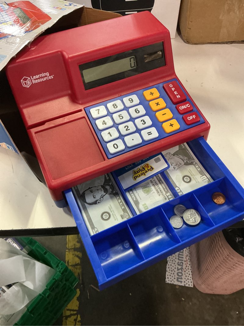Condition photo showing As Is for learning resources pretend & play calculator cash register toy - gift for kids, toddler toys, play money & credit card, shopping store playset, educational preschool activities blue & red