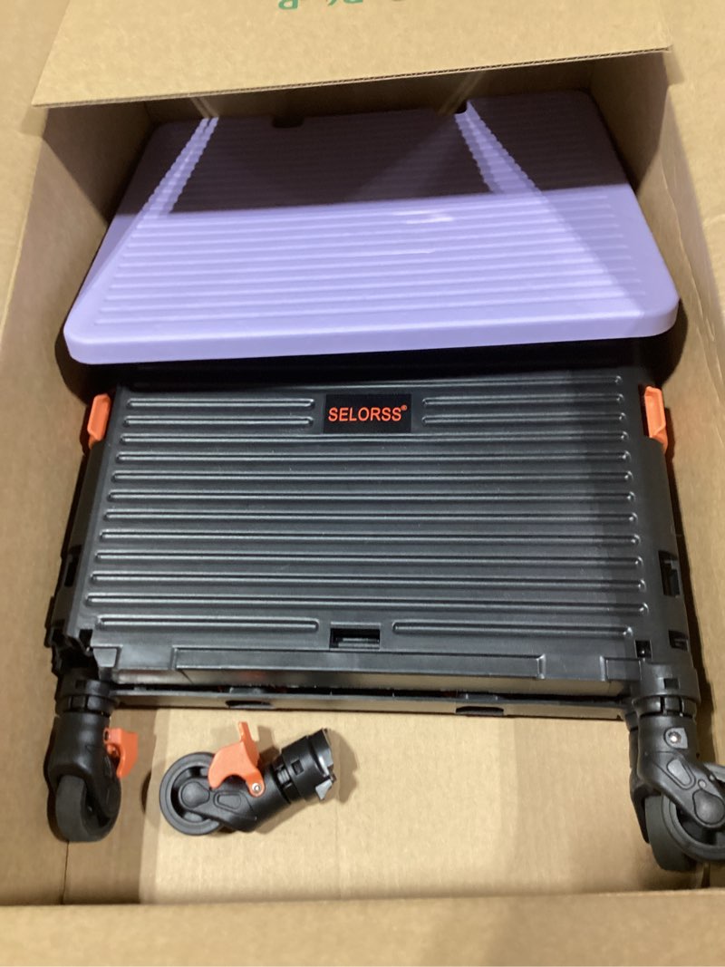 Condition photo showing As Is for SELORSS Foldable Utility Cart Rolling Crate Handcart 110lbs Large Capacity Shopping Cart with 360Â°Rotate Noiseless Wheels & Telescoping Handle for Transports Groceries Office School Use(Purple)