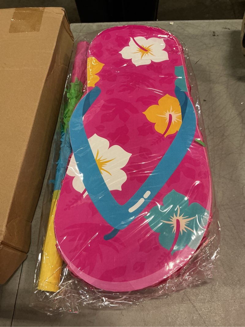 Condition photo showing New/Like New for blosssound flip flop piñata summer themed party decorations hibiscus slippers piñata with blindfold stick for tropical hawaiian luau beach pool theme birthday baby shower decor supplies