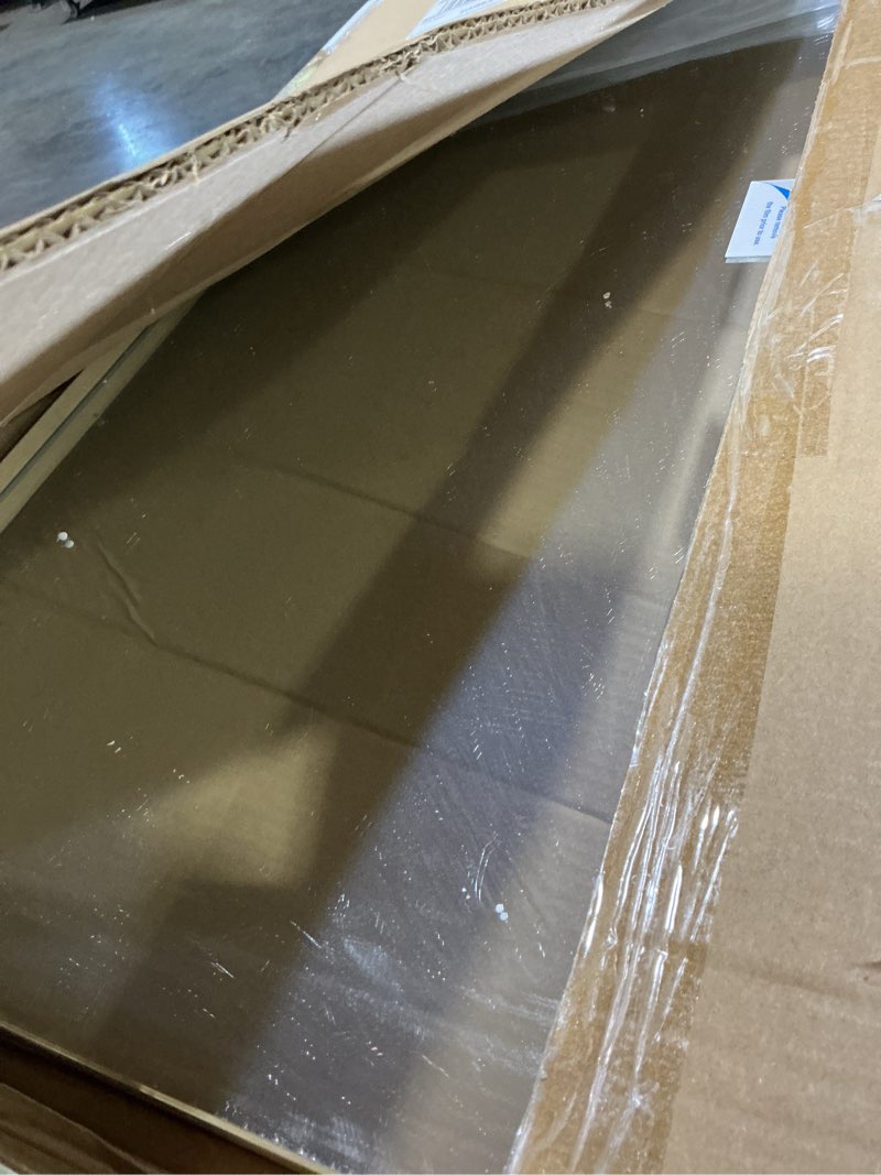 Condition photo showing As Is for WEER Gold Bathroom Mirror, 28X36 Inch Brushed Gold Metal Frame Mirror, Rounded Rectangle Gold Bathroom Vanity Mirror for Wall, Tempered Glass, Anti-Rust, Hangs Horizontally or Vertically Gold 28"L x 36"W