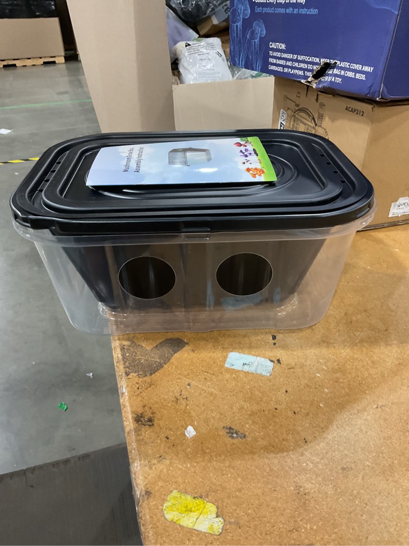 Condition photo showing As Is for mushroom growing kit, monotub stackable grow box, fruiting chamber with fae filters, indoor use, 12.6 x 12.6 x 6.3 inches, clear and black
