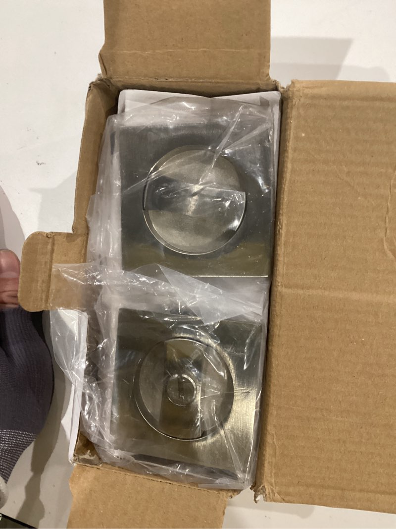 Condition photo showing As Is for pocket door lock, pocket door hardware, silver privacy lock with edge pulls for bath, bed, kitchen, fits 1-7/32” to 2” thickness door, 2-3/8" backset