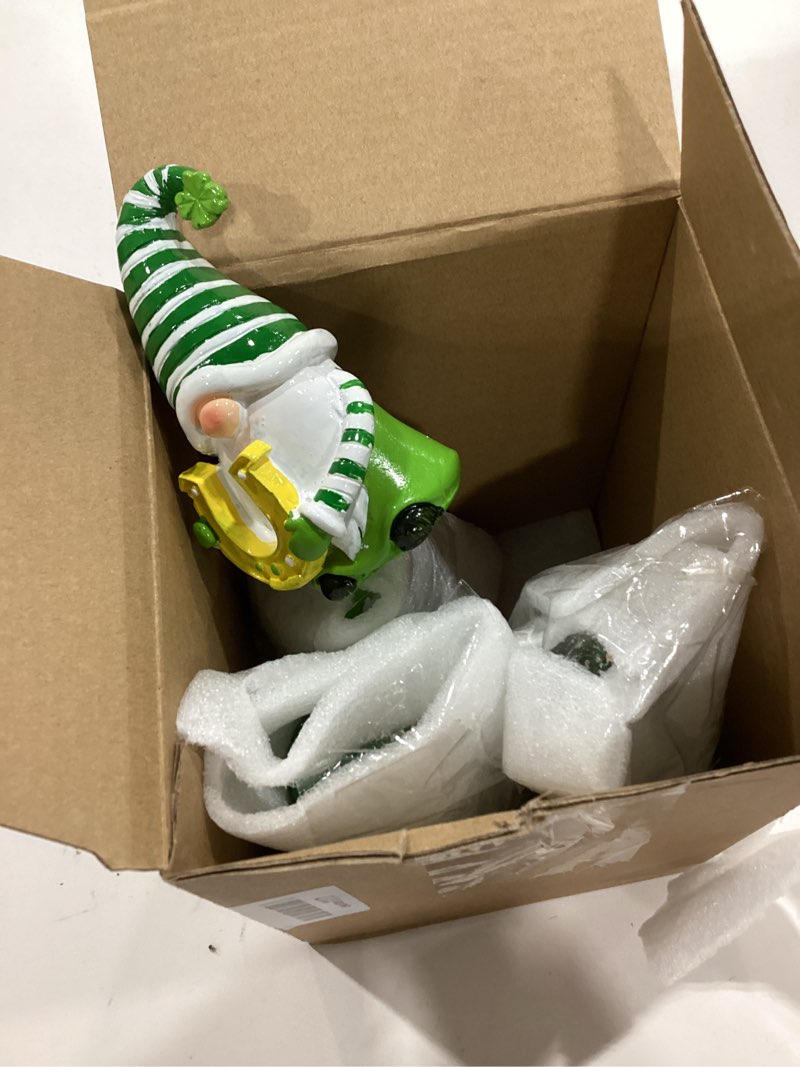 Condition photo showing Good Condition for 4 pcs st. patrick's day figurines resin gnome tabletop green shamrock sculpture decoration irish lucky clover table centerpiece for dining room home party supplies gifts decor green white luck