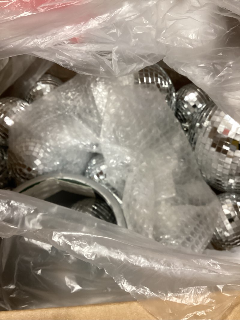 Condition photo showing As Is for 17 pcs disco ball decor: mini large assorted size hanging mirror disco ball sets - silver party ornaments for stage club prom props 70s weddings dance music birthday(6, 3.2, 2 inch)