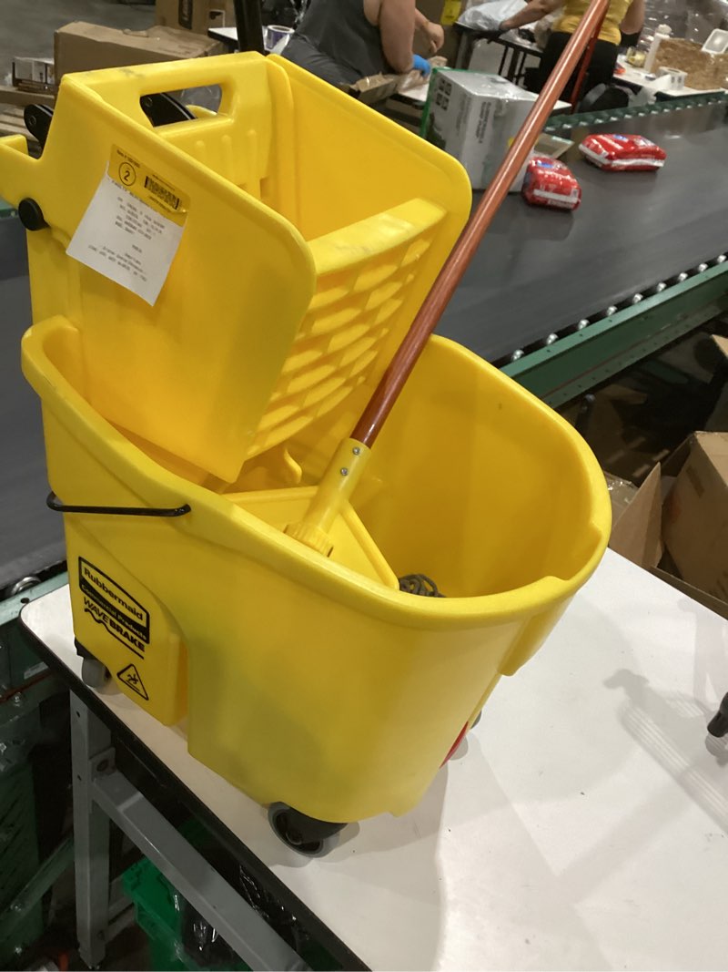 Condition photo showing As Is for rubbermaid commercial products 8.75-gallons side-press wringer mop and bucket, yellow