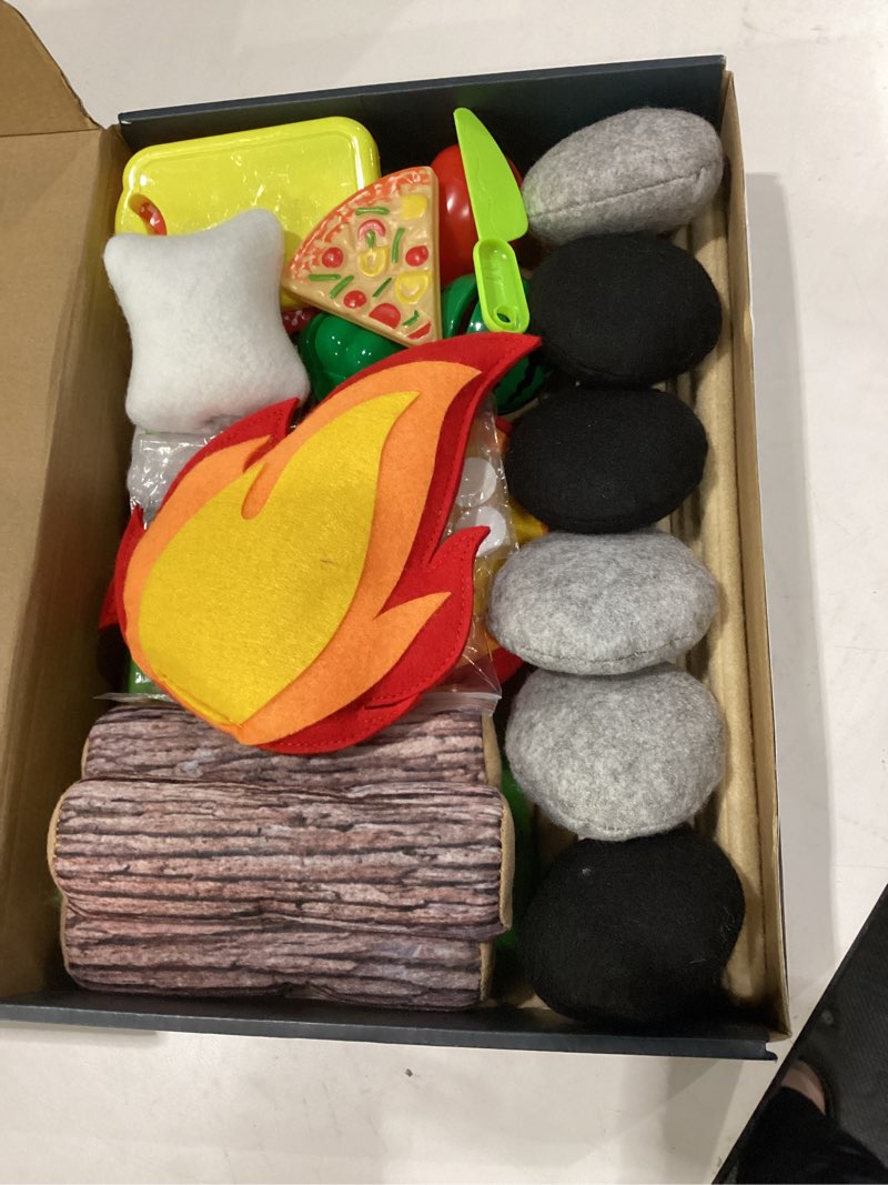 Condition photo showing New/Like New for 45 pcs pretend play campfire toy for kids, toddler camping toys play set felt campfire playset with pretend cutting fruits, plush fake fire for boys girls age 3 4 5 6 7