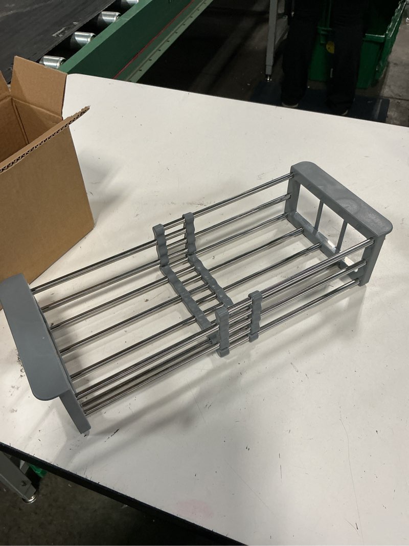 Condition photo showing New/Like New for extendable dish drying rack, over the sink drying rack, kitchen drainage tray and fruit drain rustproof stainless steel-gray