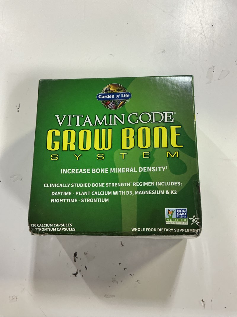 Condition photo showing New/Like New for (best by 07/2027) garden of life calcium supplement - vitamin code grow bone made with whole foods, strontium, magnesium, k2 mk7, vitamin d3 & c plus probiotics for gut health, 30 day supply unflavored 1 count (pack of 1)