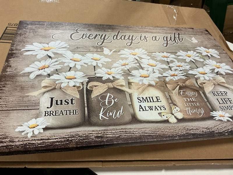 Condition photo showing Good Condition for Farmhouse Bathroom Canvas Wall Art Painting Vintage Daisy Poster Print Country Butterfly Picture Inspirational Quotes Wall Decor for Bathroom 16x24in Framed H Farmhouse Bathroom Canvas 24"L x 16"W