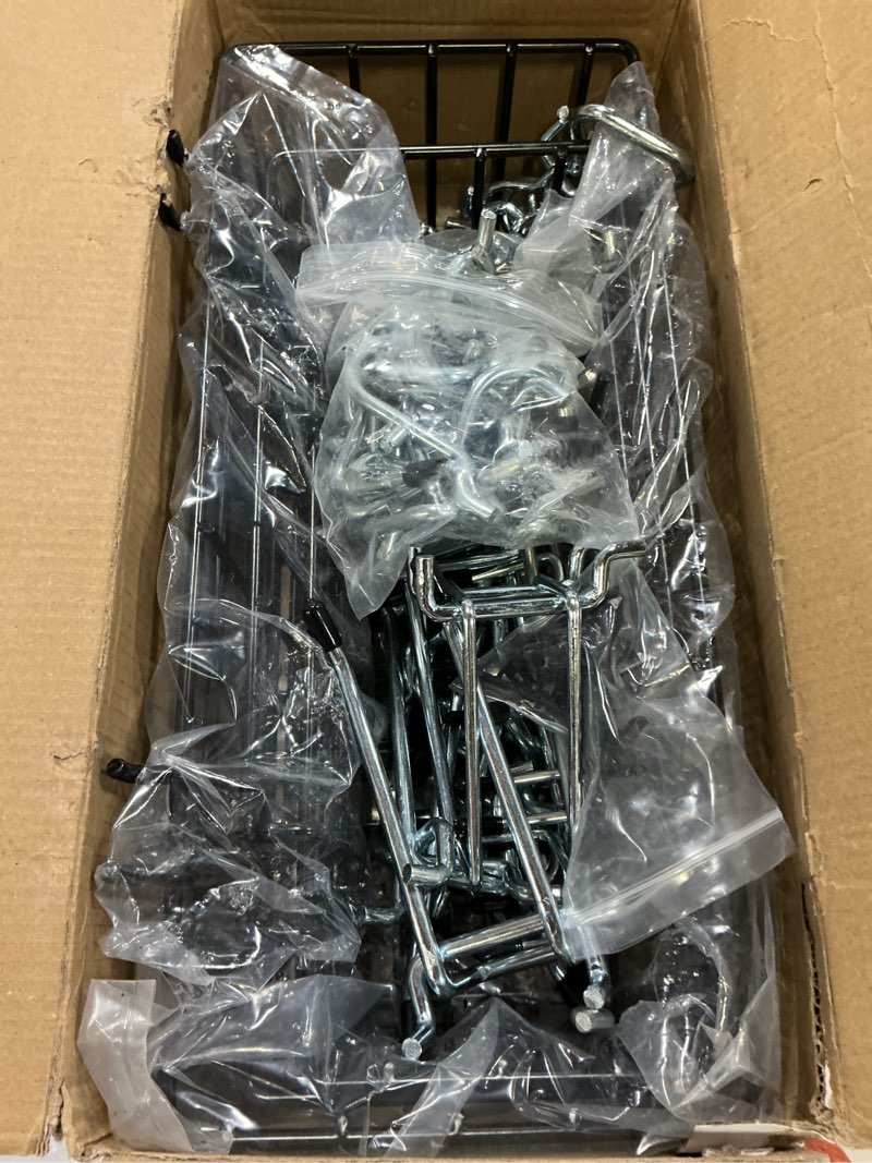 Condition photo showing Good Condition for 1/4 inch extra thick pegboard accessories kit,only suitable for 1/4" pegboard board,includes three baskets and multiple types of pegboard hooks,metal hooks for hanging storage(black baskets)