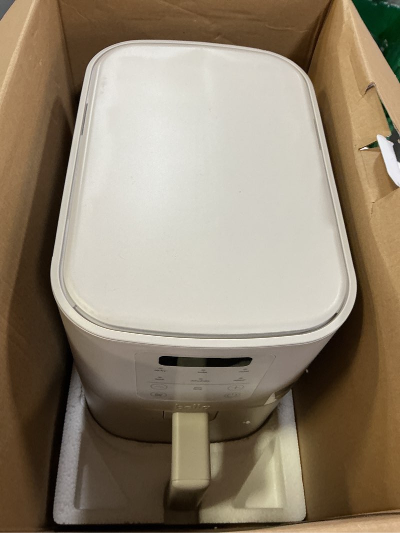 Condition photo showing As Is for bella 4Qt Slim Air Fryer, Fits-anywhere™ Kitchenware, EverGood™ Ceramic Nonstick Coating, Adjustable Temperature, 6 Preset Cooking Options, 60 Min Auto Shutoff w Audible Tone, 3.3lb Capacity, Oatmilk 4 QT Oatmilk