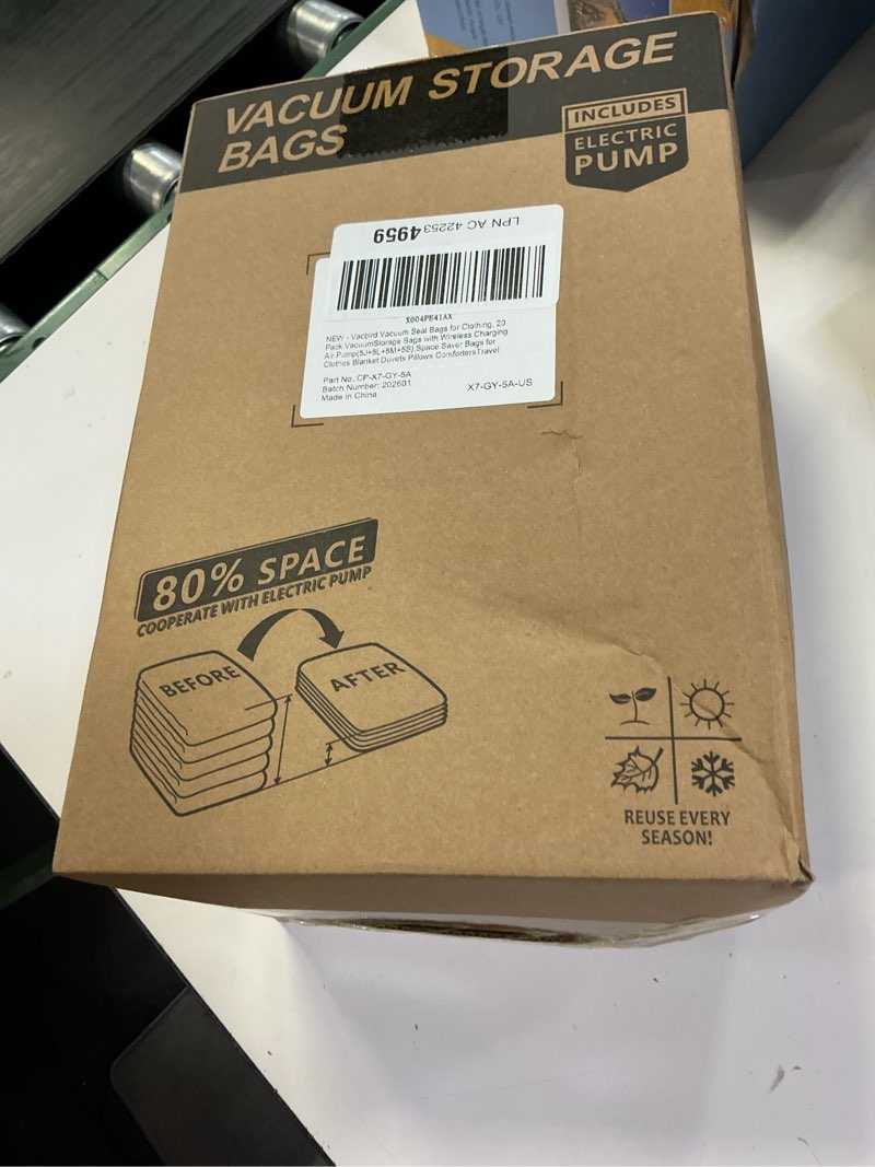 Condition photo showing New/Like New for Vacuum Seal Bags for Clothing, 20 Pack Vacuum Storage Bags with Rechargeable Cordless Air Pump(5J+5L+5M+5S), Space Saver Bags for Clothes Blanket Duvets Pillows Comforters Travel 20 Combo+Wireless Pump