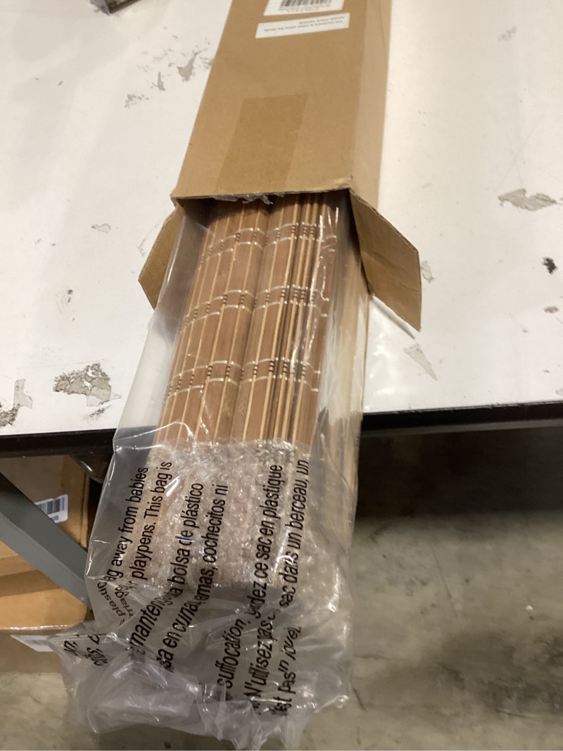 Condition photo showing New/Like New for lazblinds no tools no drill cordless bamboo roman shades, light filtering window treatment, roll up bamboo blinds for windows 27'' w x 72'' h, brown light filtering-brown206 27" w x 72" h
