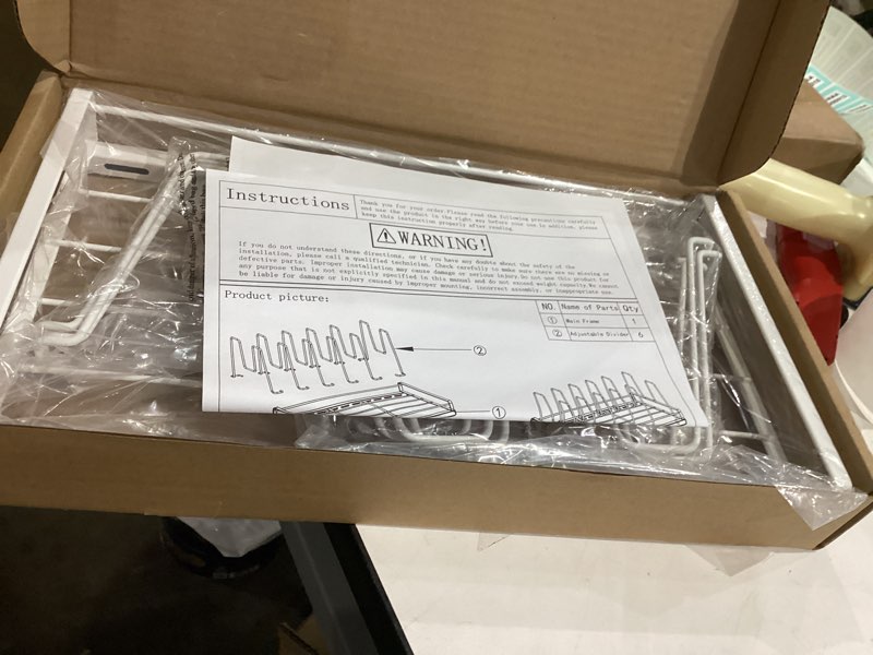 Condition photo showing New/Like New for Food Container Lid Organizer, Adjustable 6 Dividers Full-Metal Pot and Pan Organizer Rack for Kitchen Cabinets, Drawers, Cupboards, Pantry Shelves Storage, White