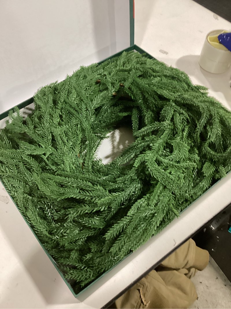 Condition photo showing Good Condition for 10 Ft Extra Full Christmas Garland, Real Touch Norfolk Pine Garland, Artificial Dense Pine Greenery Garlands for Fireplace, Mantle, Table, Indoor, Outdoor Christmas Decorations, Gift